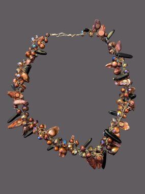 Natural Pearl Dyed Crystals Black Onyx Wire Wrap 20.25" Statement Necklace